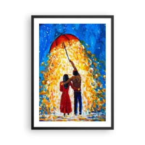 Plakat w czarnej ramie - Romantyczna para pod parasolem pełnym światła - 50x70cm - Magia deszczowego wieczoru? - Nowoczesna dekoracja ścienna do salonu i sypialni ARTTOR