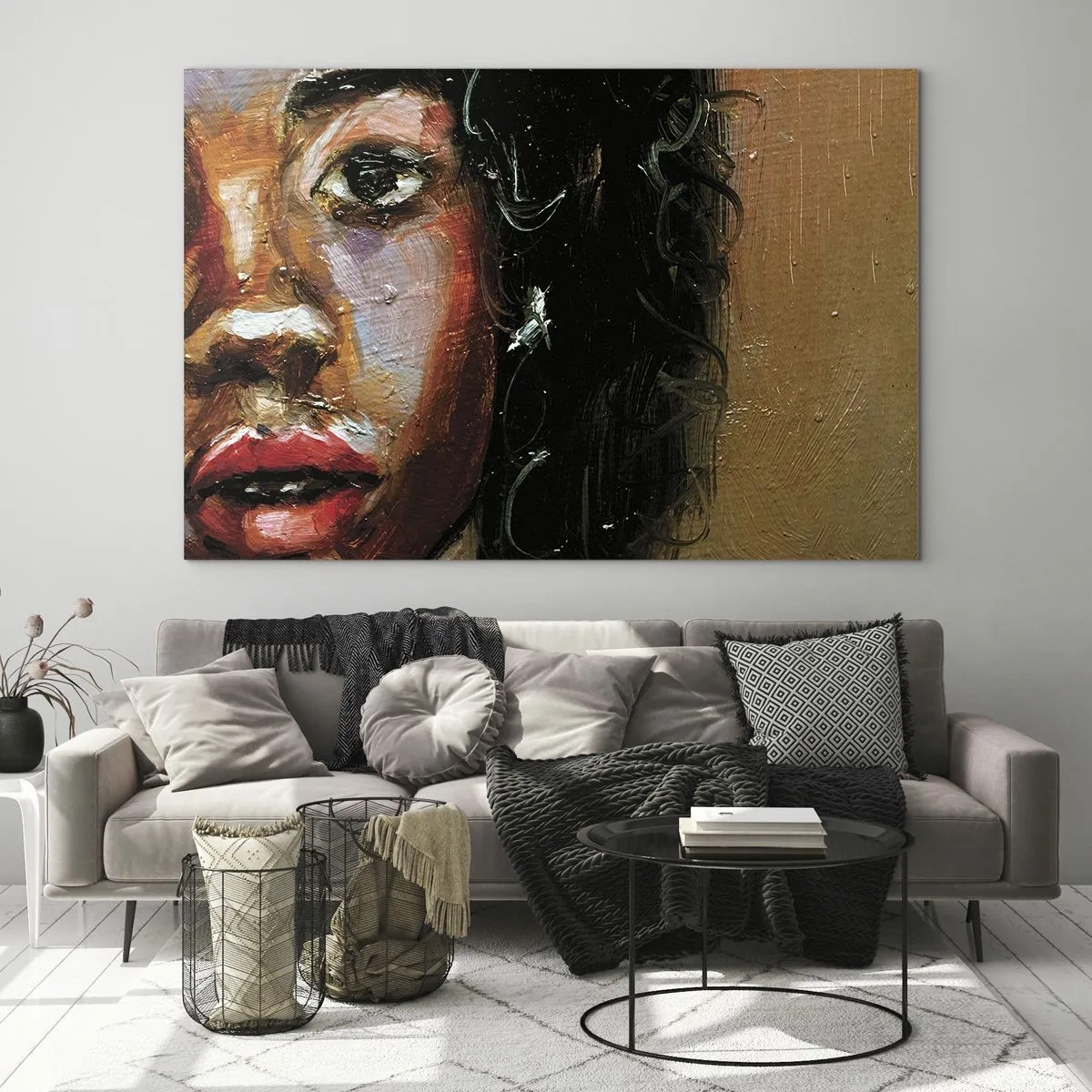 Obraz na szkle - Fragment kolorowego portretu kobiety w stylu malarskim - 70x50cm - Czerń i blask - Nowoczesna dekoracja ścienna do salonu i sypialni ARTTOR