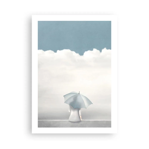 Plakat - Postać z parasolem siedząca na krawędzi wśród chmur - 50x70cm - Na krawędzi jawy i marzenia - Nowoczesna dekoracja ścienna do salonu, kuchni i sypialni ARTTOR