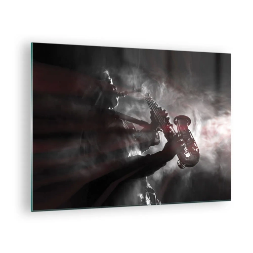 Obraz na szkle - Saksofonista w oparach dymu w czerni i bieli - 70x50cm - W oparach jazzu - Nowoczesna dekoracja ścienna do salonu i sypialni ARTTOR