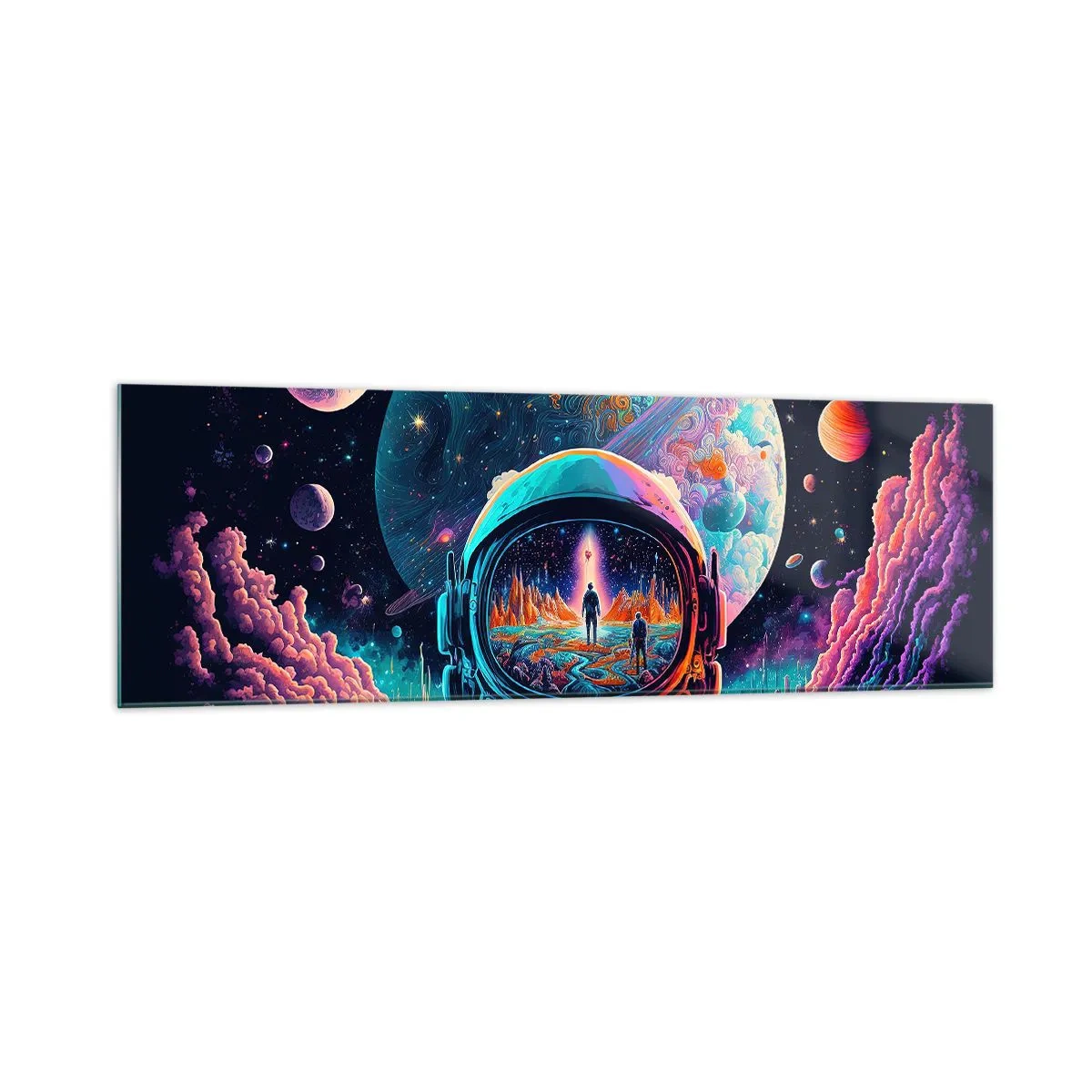 Obraz na szkle - Astronauta w kosmosie z kolorowym pejzażem planetarnym - 160x50cm - Filozofom się nie śniło - Nowoczesna dekoracja ścienna do salonu i sypialni ARTTOR