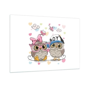 Obraz na szkle - Para wesołych sówek w pastelowej kompozycji - 100x70cm - Kochajmy się! - Nowoczesna dekoracja ścienna do salonu, kuchni i sypialni ARTTOR