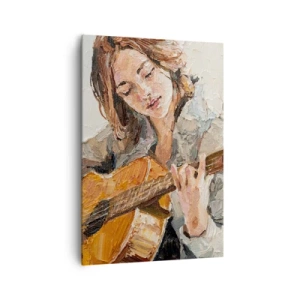 Obraz na płótnie - Portret dziewczyny grającej na gitarze w malarskim stylu z ciepłymi barwami - 70x100cm - Koncert na gitarę i dziewczęce serce - Nowoczesna dekoracja ścienna do salonu i sypialni ARTTOR