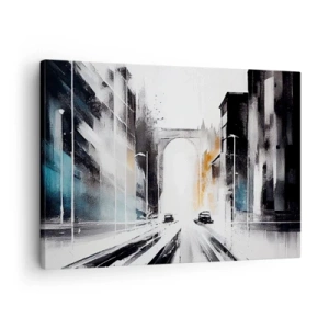 Obraz na płótnie - Abstrakcyjna panorama miasta z łukowym mostem - 70x50cm - Studium miasta: architektura i ruch - Nowoczesna dekoracja ścienna do salonu i sypialni ARTTOR