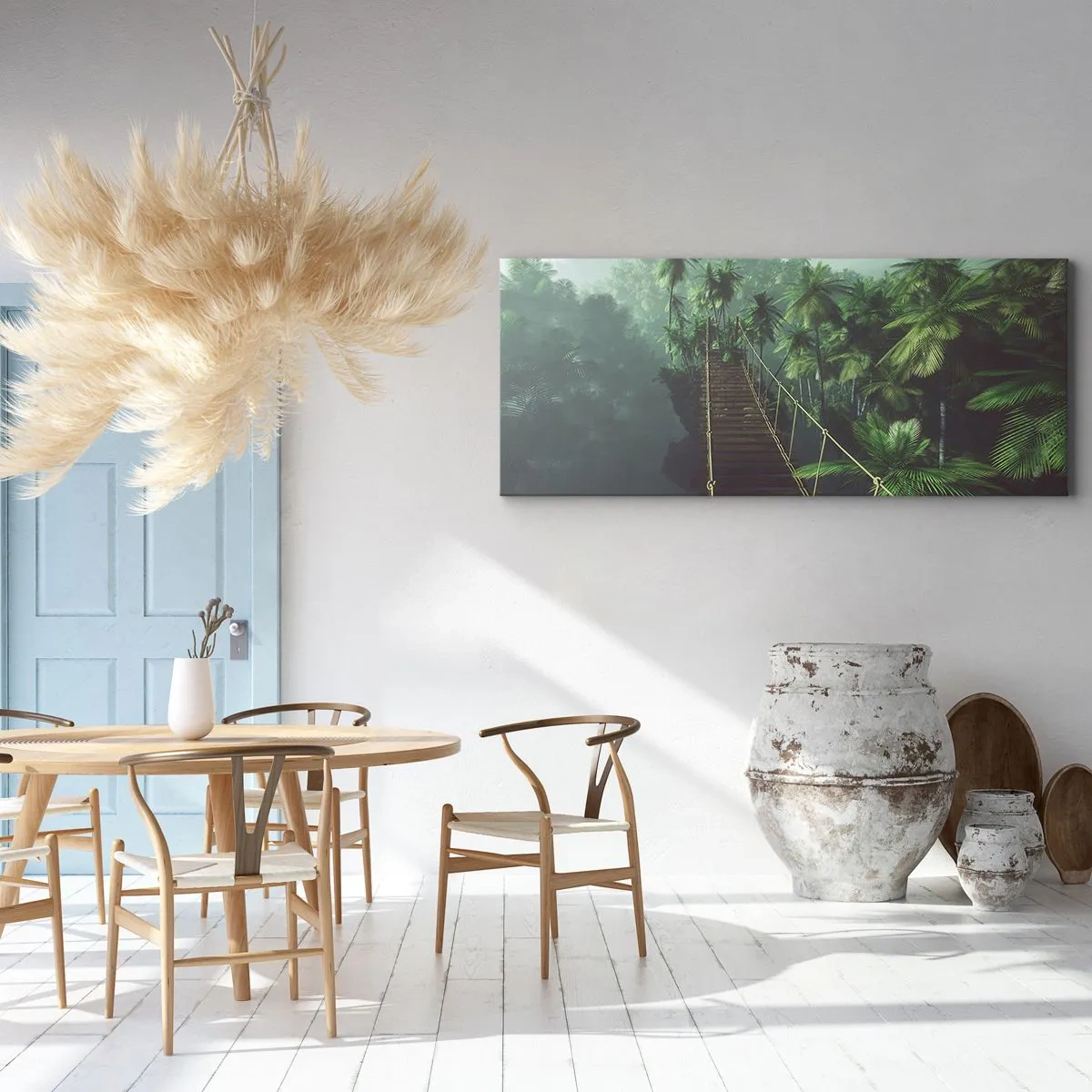 Obraz na płótnie - Wiszący most w tropikalnym lesie otoczonym mgłą - 140x50cm - Nad kipielą zieleni - Nowoczesna dekoracja ścienna do salonu i sypialni ARTTOR