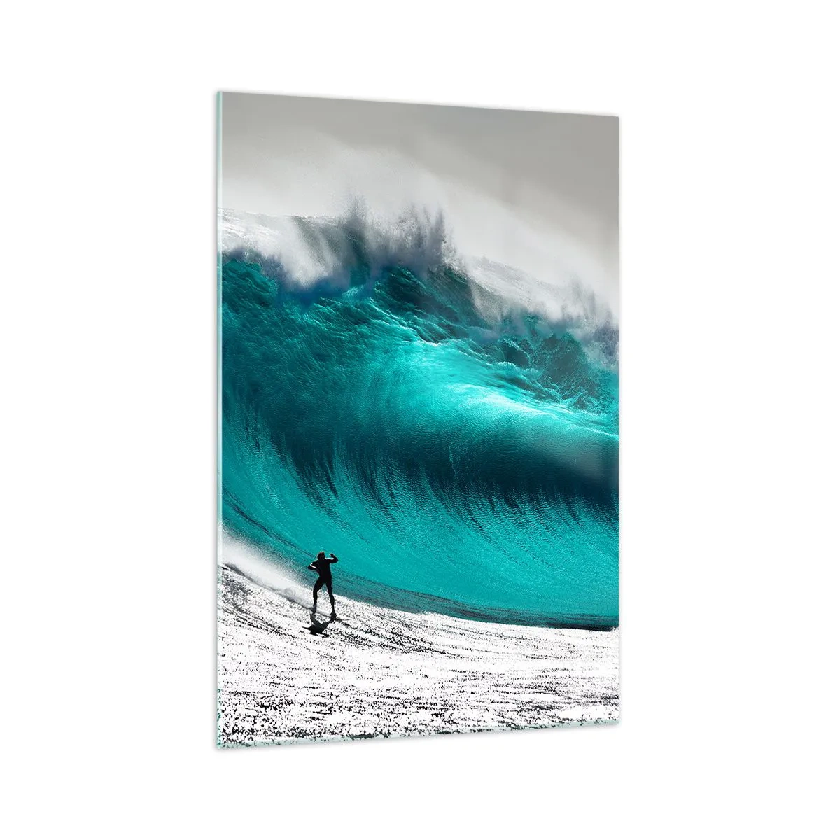 Obraz na szkle - Surfer przed ogromną falą - 70x100cm - Wyzwanie przyjęte - Nowoczesna dekoracja ścienna do salonu i sypialni ARTTOR