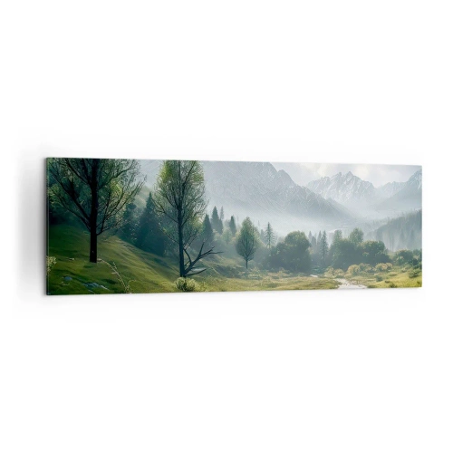 Obraz na płótnie - Górski krajobraz z rzeką i drzewami w otoczeniu mglistych gór - 160x50cm - Tam i z powrotem - Nowoczesna dekoracja ścienna do salonu i sypialni ARTTOR