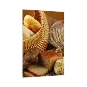 Obraz na szkle - Różnorodne pieczywo w wiklinowym koszu na tle złotym - 70x100cm - Znowu się nam upiekło - Nowoczesna dekoracja ścienna do salonu i sypialni ARTTOR
