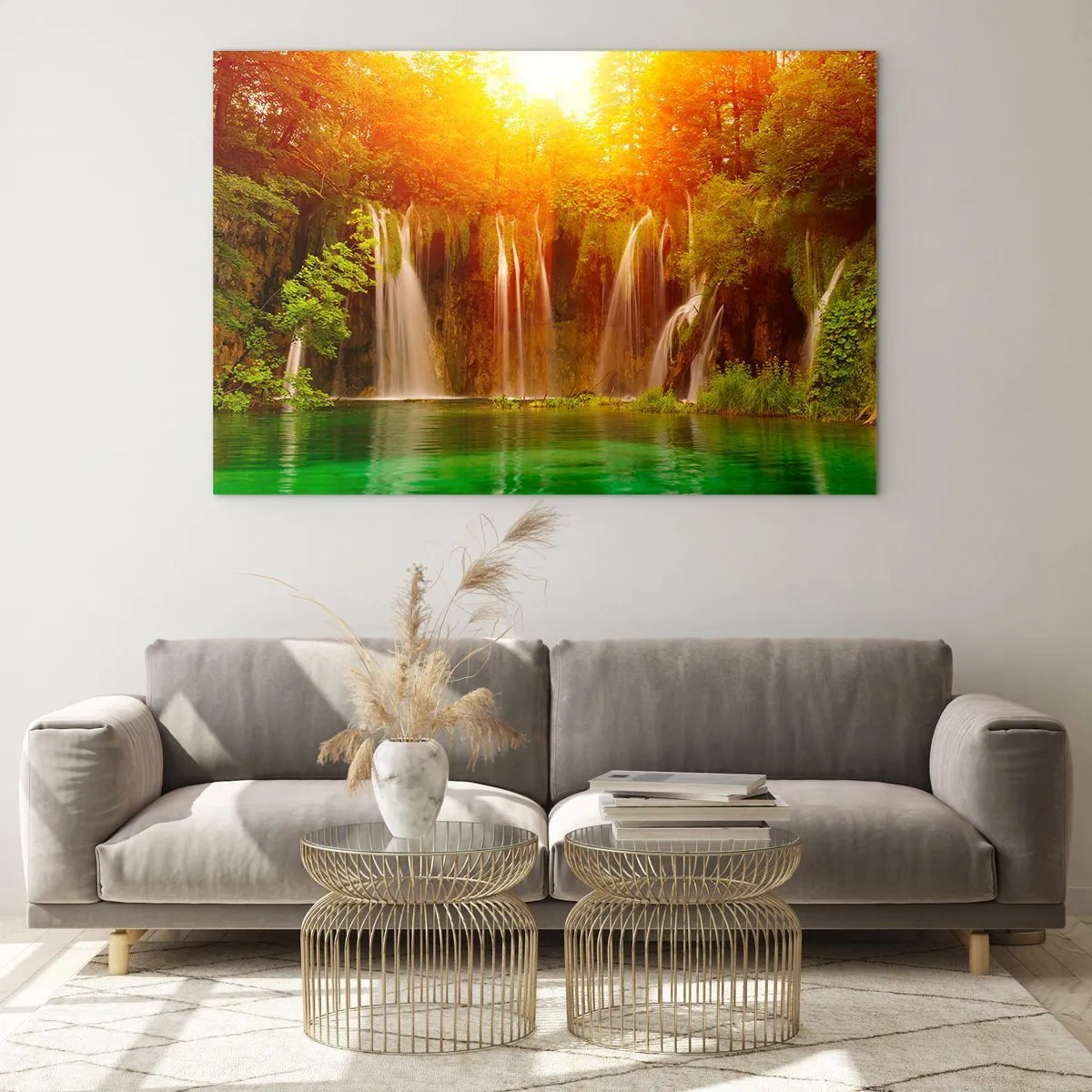 Obraz na szkle - Wodospady w słonecznym lesie z turkusową wodą - 70x50cm - W słońcu i w cieniu - Nowoczesna dekoracja ścienna do salonu i sypialni ARTTOR