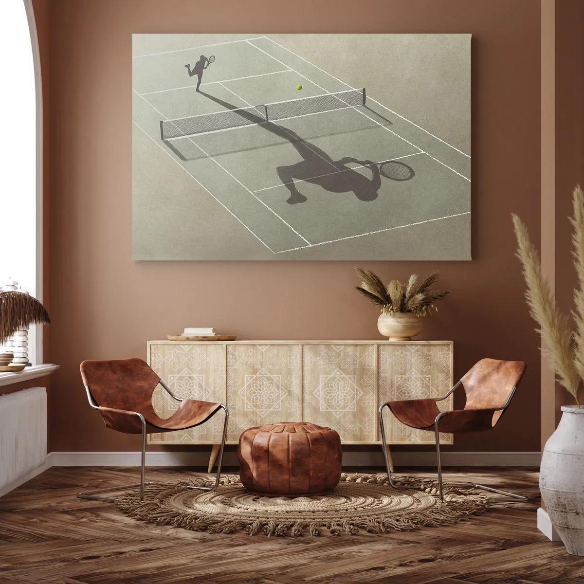Obraz na płótnie - Cień tenisisty na korcie podczas gry w tenisa - 70x50cm - Pokonać siebie - Nowoczesna dekoracja ścienna do salonu i sypialni ARTTOR