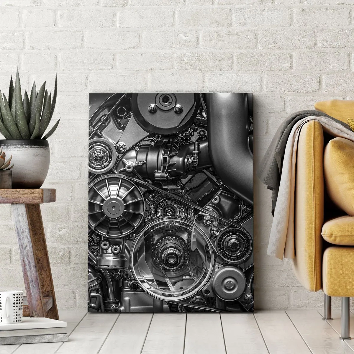 Obraz na płótnie - Czarno-białe zbliżenie na skomplikowany mechanizm silnika - 50x70cm - Poezja mechaniki - Nowoczesna dekoracja ścienna do salonu, kuchni i sypialni ARTTOR