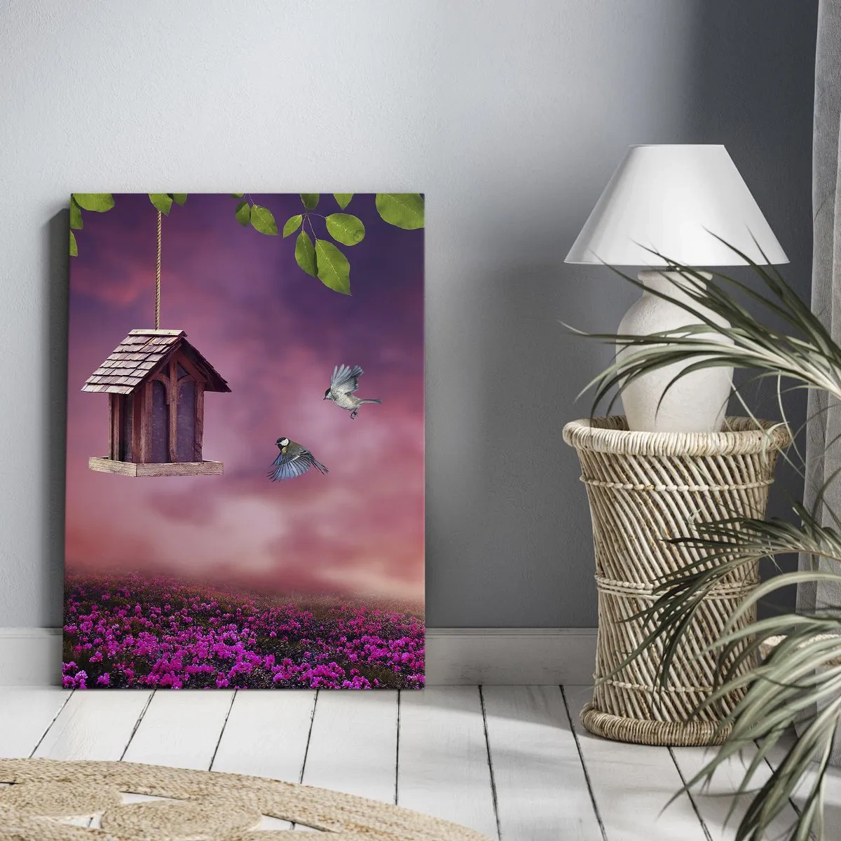 Obraz na płótnie - Malowniczy krajobraz z budką dla ptaków i zachodem słońca - 80x120cm - Zaproszenie na kolację - Nowoczesna dekoracja ścienna do salonu i sypialni ARTTOR