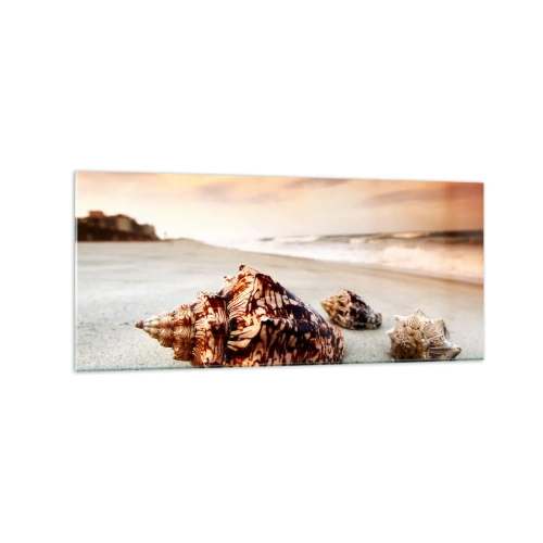 Obraz na szkle - Muszle na plaży o zachodzie słońca - 120x50cm - Wygnanki fal - Nowoczesna dekoracja ścienna do salonu i sypialni ARTTOR