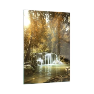 Obraz na szkle - Wodospad w parku otoczonym drzewami w jesiennych barwach - 50x70cm - Parkowa kaskada - Nowoczesna dekoracja ścienna do salonu, kuchni i sypialni ARTTOR