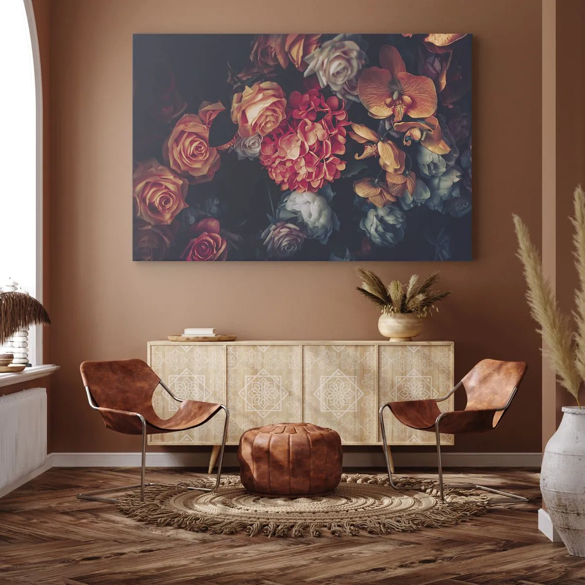 Obraz na płótnie - Bukiet różnorodnych kwiatów w ciemnej tonacji - 100x70cm - Jak u holenderskich mistrzów - Nowoczesna dekoracja ścienna do salonu, kuchni i sypialni ARTTOR