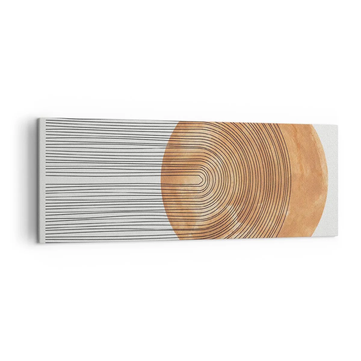 Obraz na płótnie - Geometryczna kompozycja z okręgiem i liniami w ciepłych barwach - 140x50cm - Kompozycja słoneczna - Nowoczesna dekoracja ścienna do salonu i sypialni ARTTOR
