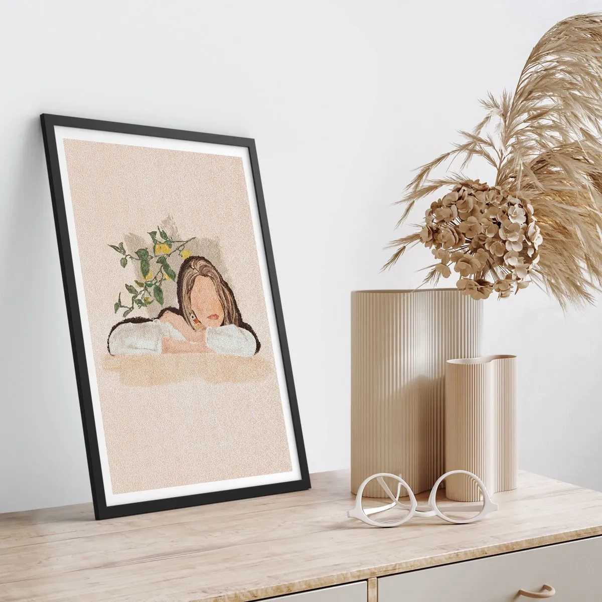Plakat w czarnej ramie - Zamyślona postać w otoczeniu natury - 50x70cm - Piękność południa - Nowoczesna dekoracja ścienna do salonu i sypialni ARTTOR