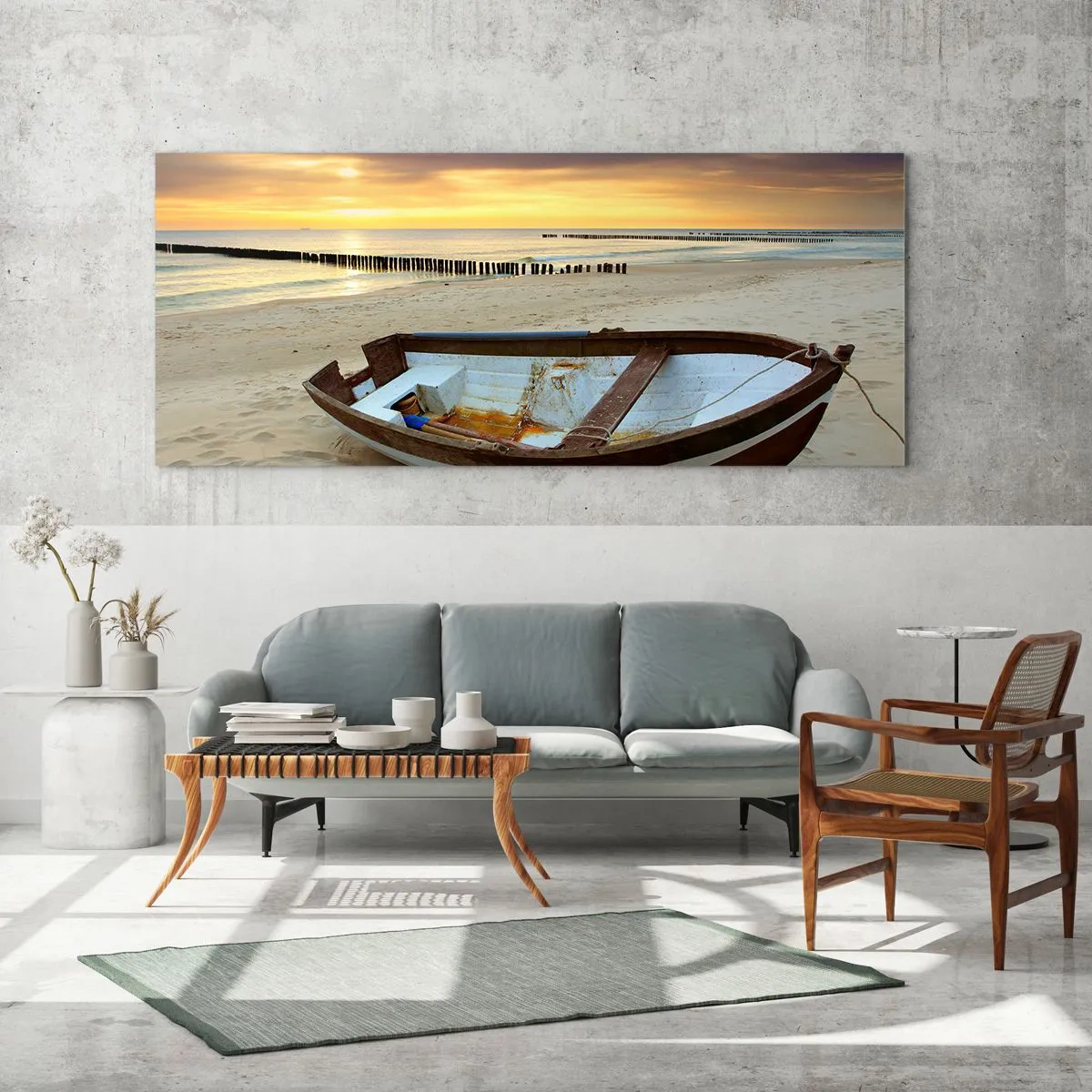 Obraz na szkle - Łódka na piaszczystej plaży o zachodzie słońca - 160x50cm - Nie ma piękniejszych plaż - Nowoczesna dekoracja ścienna do salonu i sypialni ARTTOR