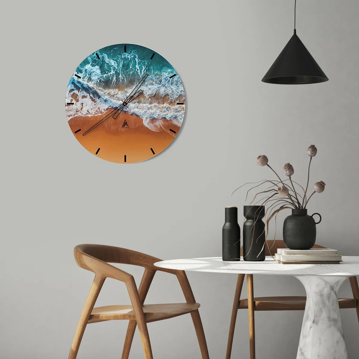 Zegar ścienny - Orientalna scena z łódką i kwiatami wiśni w stylu akwareli - 30x30cm - Zawsze w parze - Nowoczesna dekoracja ścienna do salonu, kuchni i sypialni ARTTOR