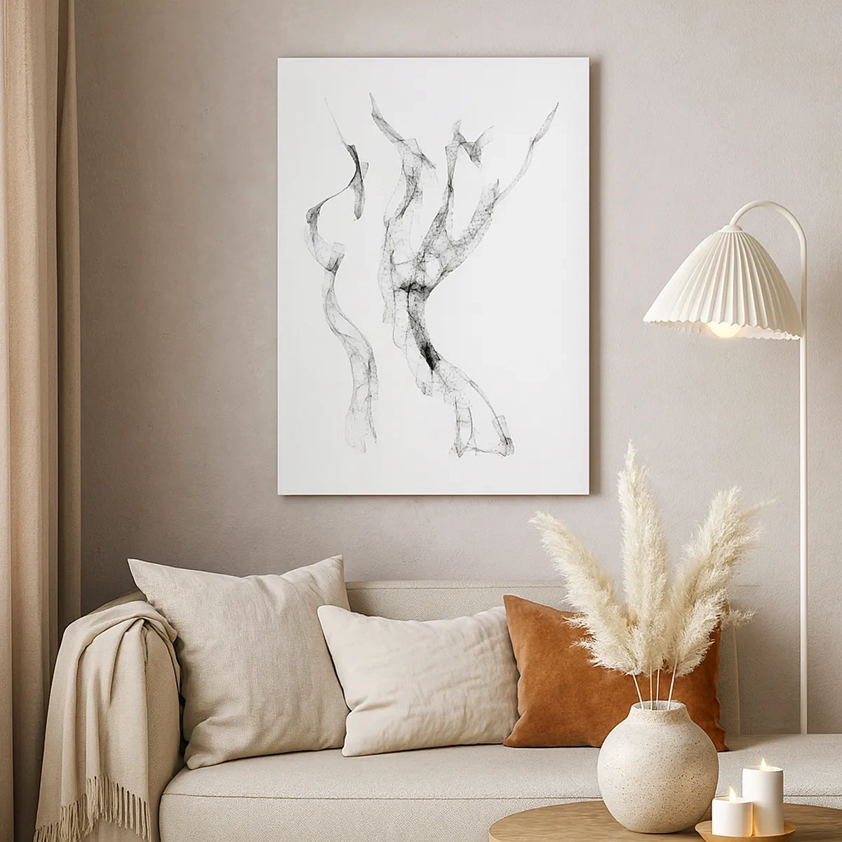 Obraz na płótnie - Abstrakcyjne czarne linie przypominające dym na białym tle - 50x70cm - Piękna i silna - Nowoczesna dekoracja ścienna do salonu, kuchni i sypialni ARTTOR