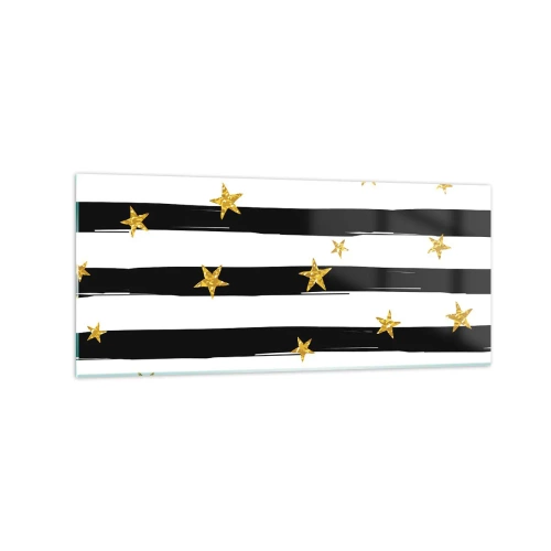 Obraz na szkle - Czarno-białe pasy z złotymi gwiazdkami - 120x50cm - Wszyscy urodziliśmy się pod szczęśliwą gwiazdą - Nowoczesna dekoracja ścienna do salonu i sypialni ARTTOR
