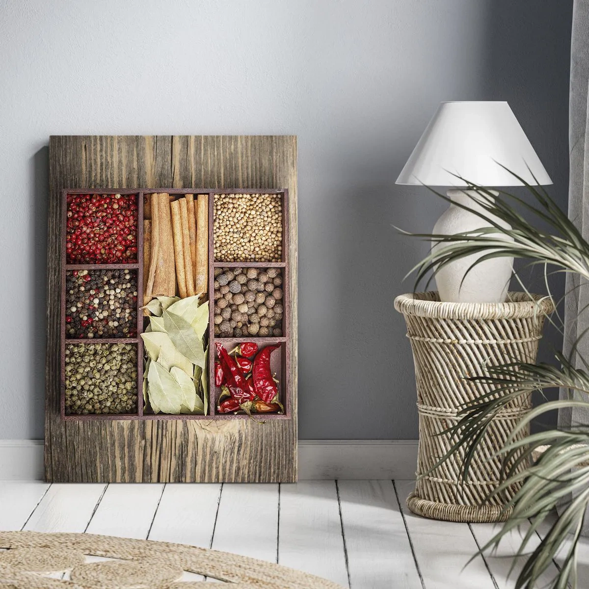 Obraz na płótnie - Drewniane pudełko z różnorodnymi przyprawami w przegródkach - 80x120cm - Porządek kształtów, bukiet aromatów - Nowoczesna dekoracja ścienna do salonu i sypialni ARTTOR