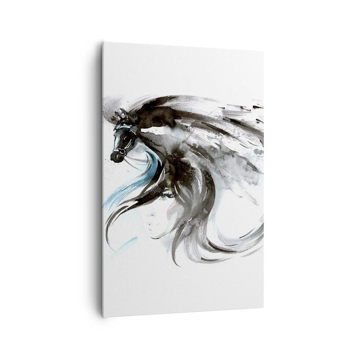 Obraz na płótnie - Kobieta i koń w mistycznej akwareli pełnej dynamiki - 80x120cm - Galop Czarnego Księcia - Nowoczesna dekoracja ścienna do salonu i sypialni ARTTOR