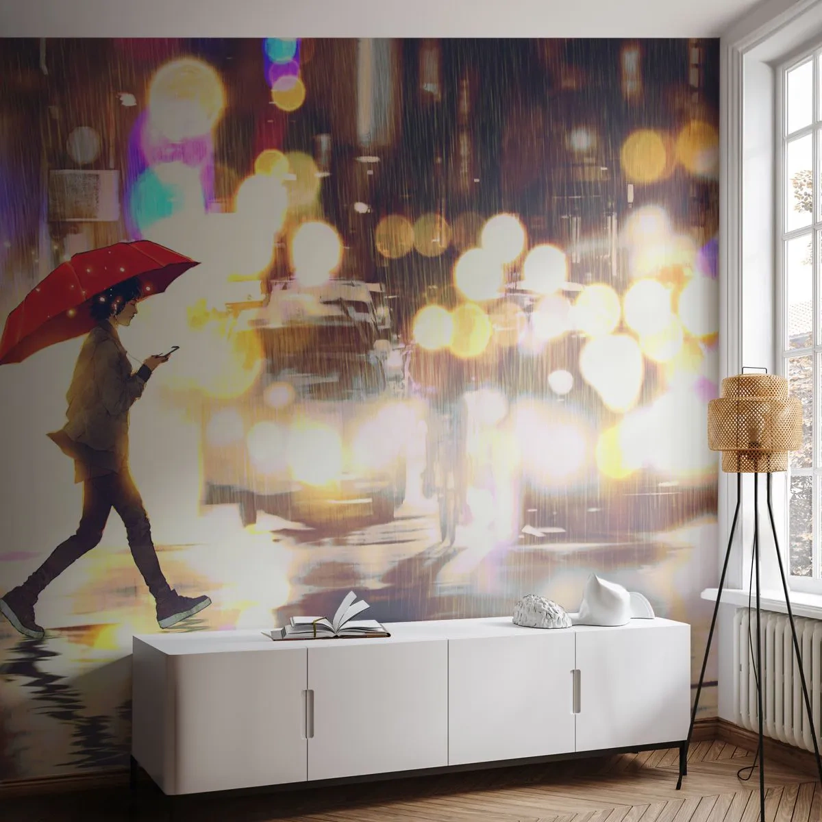 Fototapeta Samoprzylepna Deluxe Sticker - A jednak słoneczna - Miasto, Spacer W Deszczu, Parasol - 350x256 cm