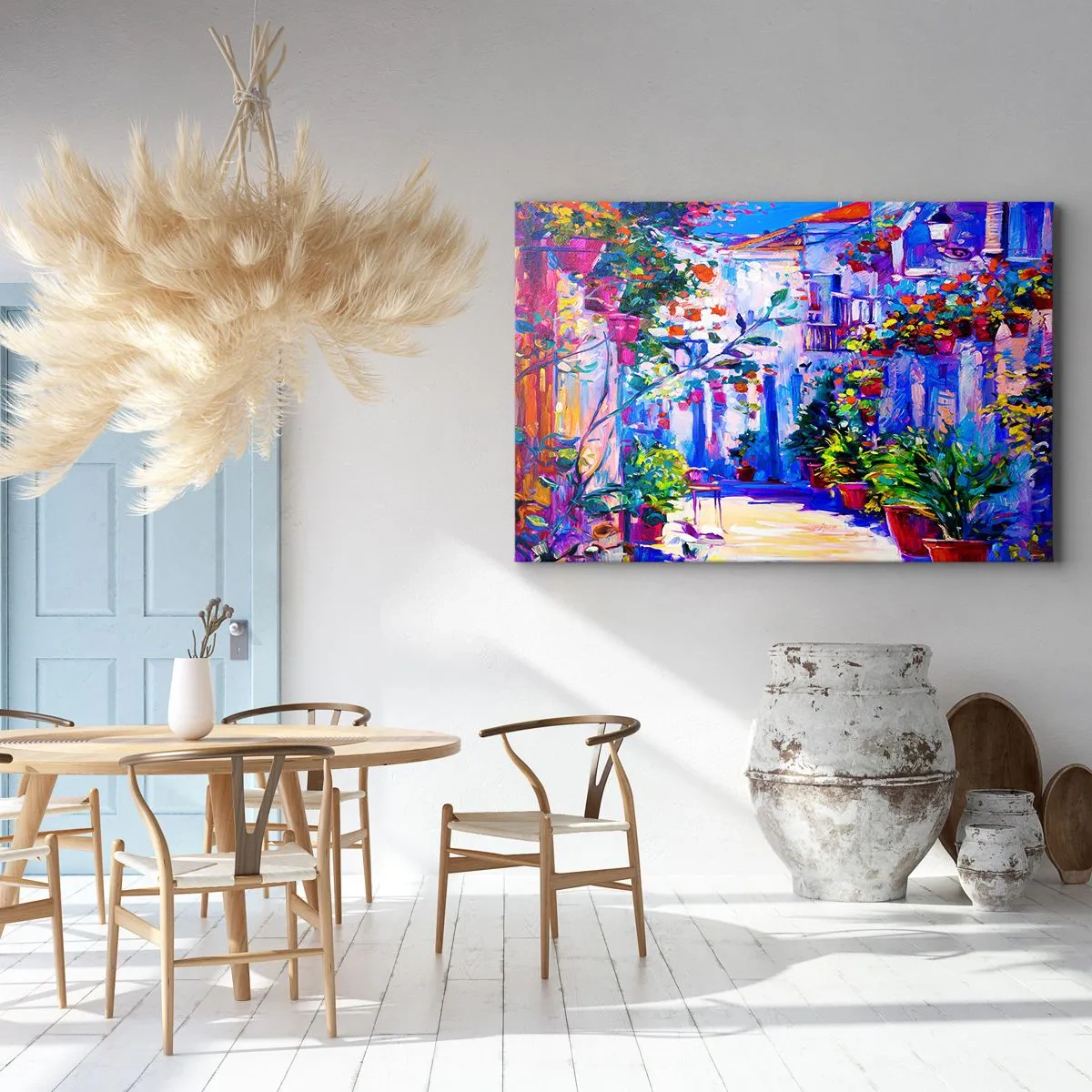 Obraz na płótnie - Kolorowa uliczka pełna kwiatów - 100x70cm - Impresja - włoska uliczka - Nowoczesna dekoracja ścienna do salonu, kuchni i sypialni ARTTOR