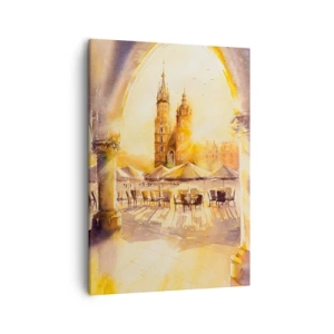 Obraz na płótnie - Akwarelowy widok na krakowski rynek o wschodzie słońca z perspektywy Sukiennic - 50x70cm - Wschód nad krakowskim rynkiem - Nowoczesna dekoracja ścienna do salonu, kuchni i sypialni ARTTOR