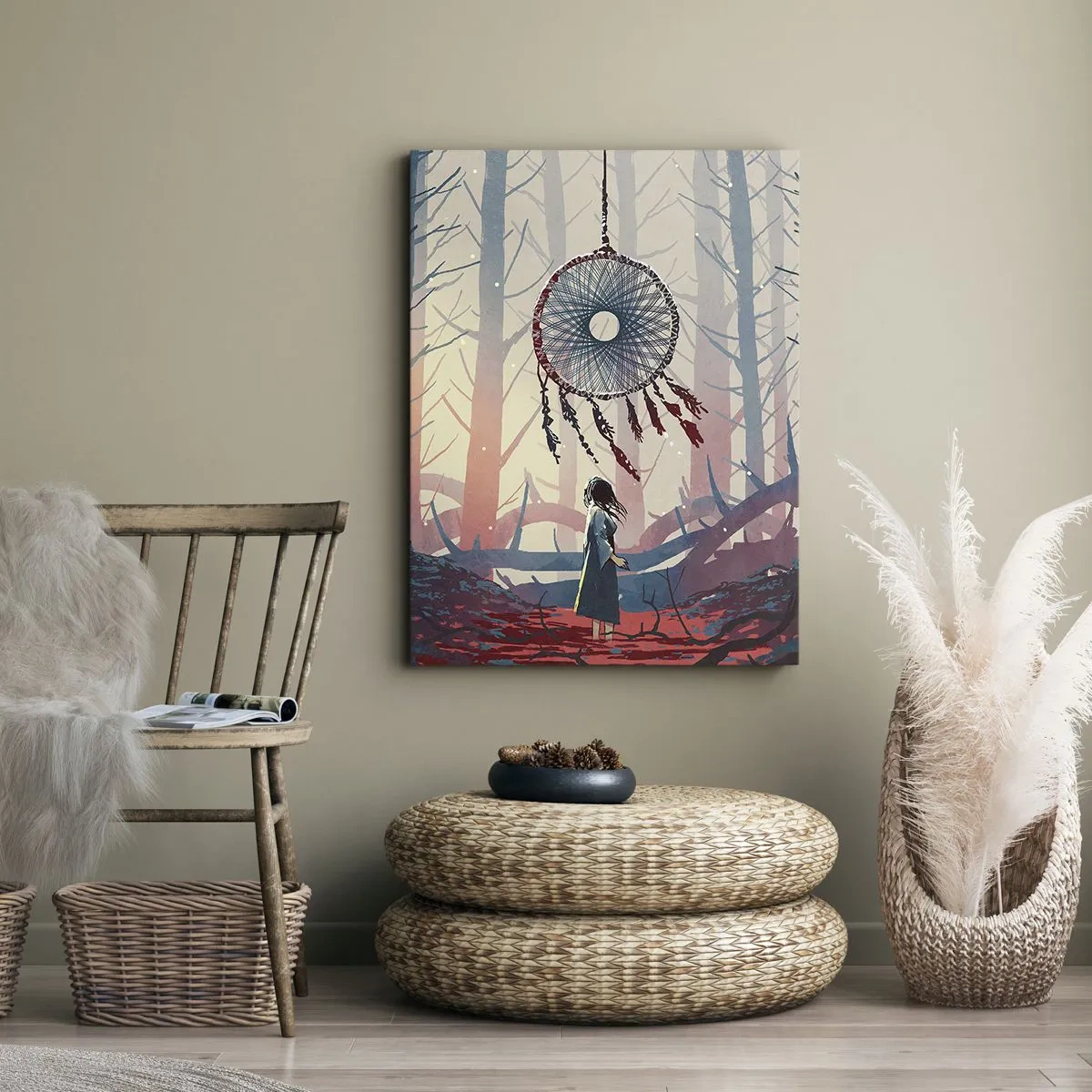 Obraz na płótnie - Dziewczyna stojąca w lesie pod wielkim łapaczem snów - 50x70cm - Tajemny rytuał szczęścia - Nowoczesna dekoracja ścienna do salonu, kuchni i sypialni ARTTOR
