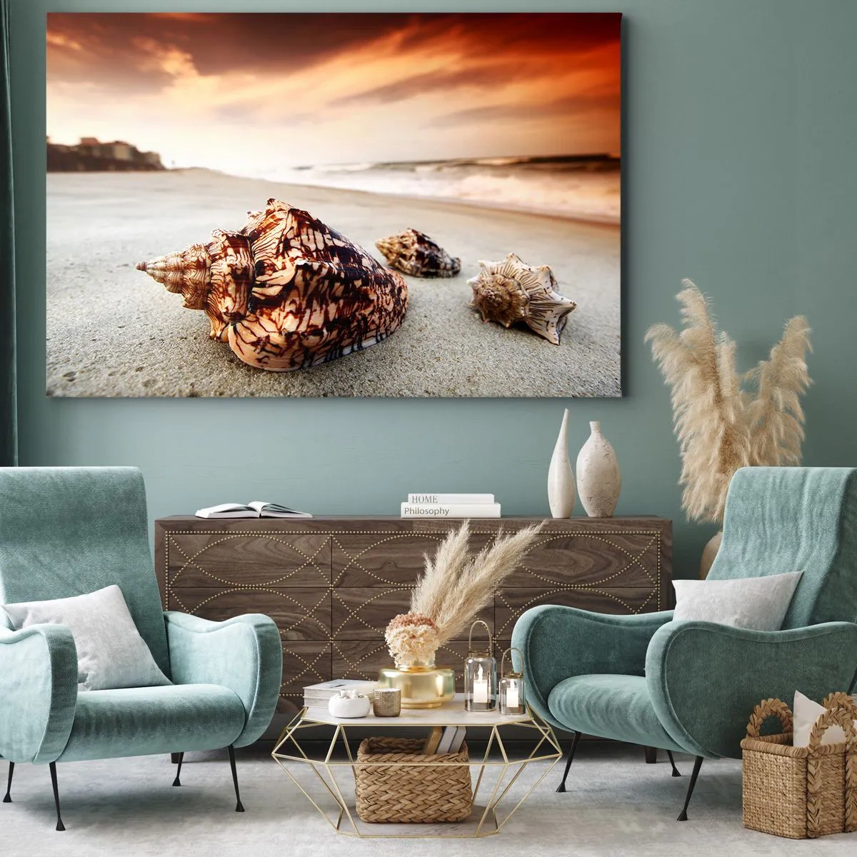 Obraz na płótnie - Muszle na plaży o zachodzie słońca - 70x50cm - Wygnanki fal - Nowoczesna dekoracja ścienna do salonu i sypialni ARTTOR
