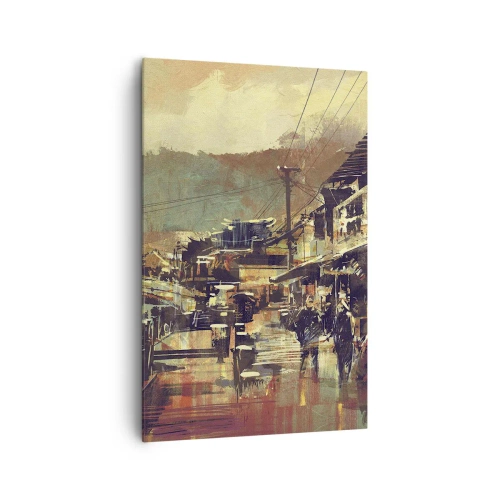 Obraz na płótnie - Miasteczko z mostem i uliczkami w artystycznym stylu - 80x120cm - Życie jako bogactwo szarości - Nowoczesna dekoracja ścienna do salonu i sypialni ARTTOR