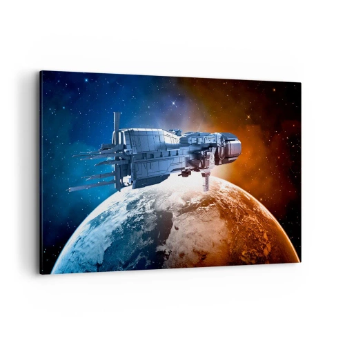 Obraz na płótnie - Statek kosmiczny na tle planety w przestrzeni - 120x80cm - Uważny obserwator - Nowoczesna dekoracja ścienna do salonu, kuchni i sypialni ARTTOR
