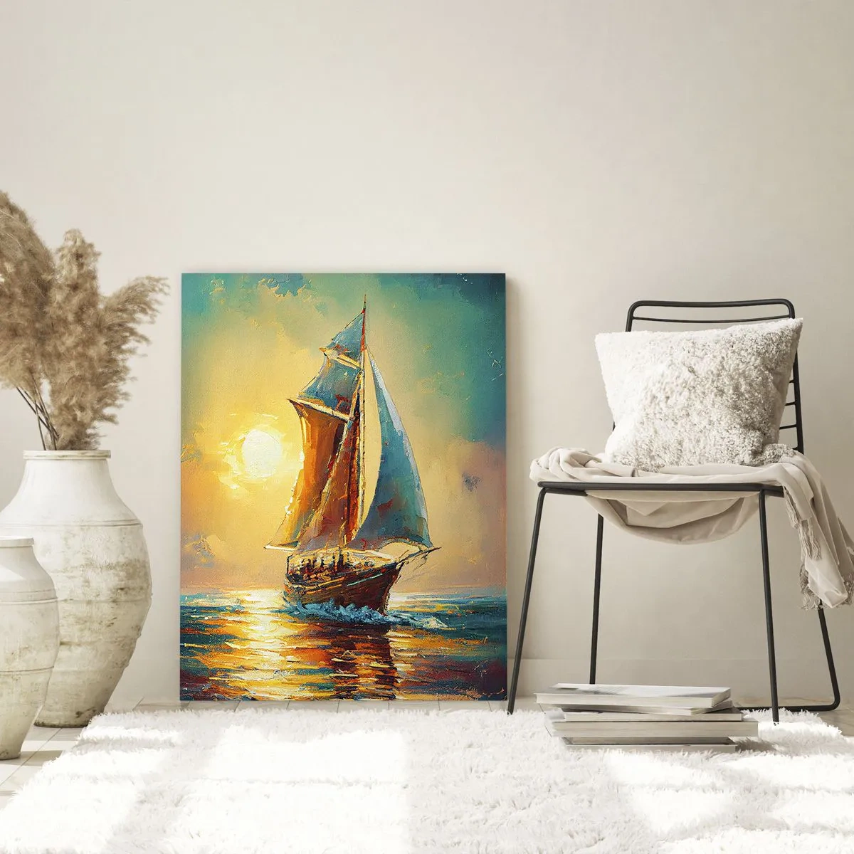 Obraz na szkle - Żaglowiec na morzu w świetle zachodzącego słońca - 70x100cm - Pod pełnymi żaglami - Nowoczesna dekoracja ścienna do salonu i sypialni ARTTOR