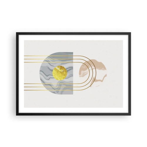 Plakat w czarnej ramie - Abstrakcyjna kompozycja z okręgami i złotymi liniami na jasnym tle - 70x50cm - Jasność i blask - Nowoczesna dekoracja ścienna do salonu i sypialni ARTTOR