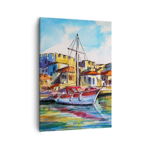 Obraz na płótnie - Kolorowy obraz przedstawiający łódź w porcie na tle nadmorskich domów - 50x70cm - Tęczowe popołudnie - Nowoczesna dekoracja ścienna do salonu, kuchni i sypialni ARTTOR