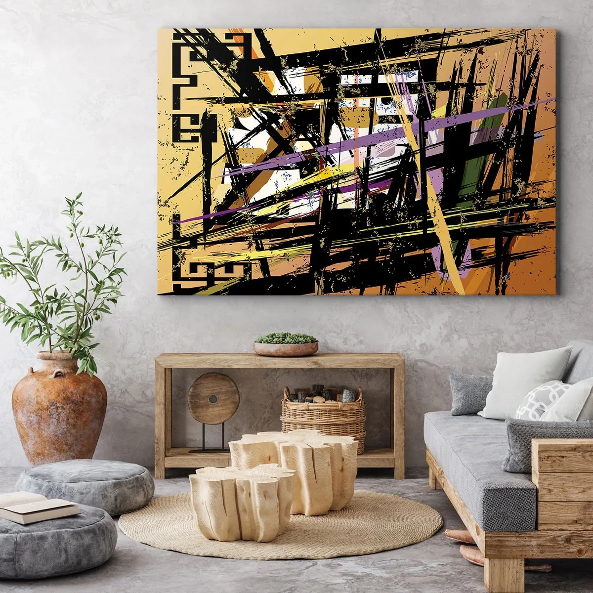 Obraz na płótnie - Abstrakcyjne linie i kształty na tle w odcieniach beżu - 70x50cm - Ostre cięcie - Nowoczesna dekoracja ścienna do salonu i sypialni ARTTOR