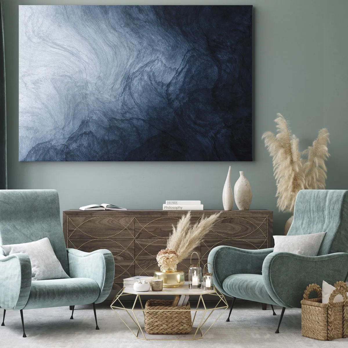 Obraz na płótnie - Abstrakcyjna kompozycja w odcieniach błękitu i granatu - 70x50cm - W głąb sięgnąć - Nowoczesna dekoracja ścienna do salonu i sypialni ARTTOR