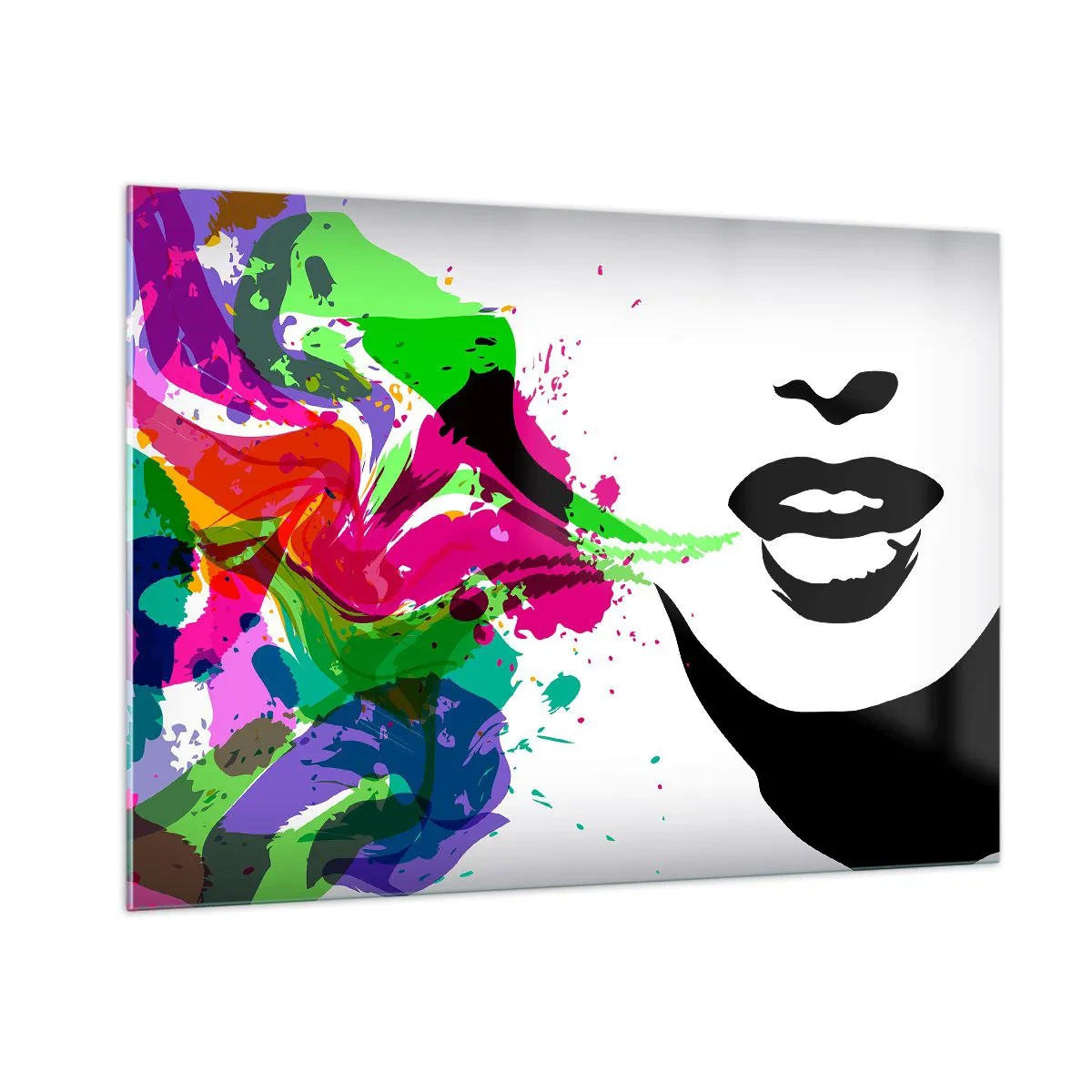 Obraz na szkle - Kolorowa abstrakcja z kobiecym profilem i plamami barw - 100x70cm - Opowieść w kolorach tęczy - Nowoczesna dekoracja ścienna do salonu, kuchni i sypialni ARTTOR