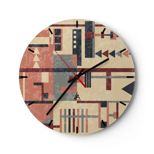 Zegar ścienny - Abstrakcyjny wzór geometryczny w odcieniach beżu, czerwieni i szarości - 30x30cm - Kombinacja pionów i poziomów - Nowoczesna dekoracja ścienna do salonu, kuchni i sypialni ARTTOR