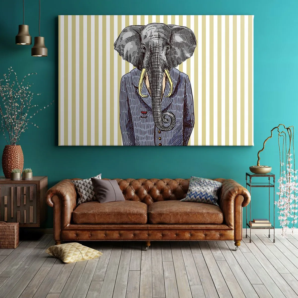 Obraz na płótnie - Słoń w garniturze na tle beżowych pasów - 70x50cm - Elegancki z natury - Nowoczesna dekoracja ścienna do salonu i sypialni ARTTOR