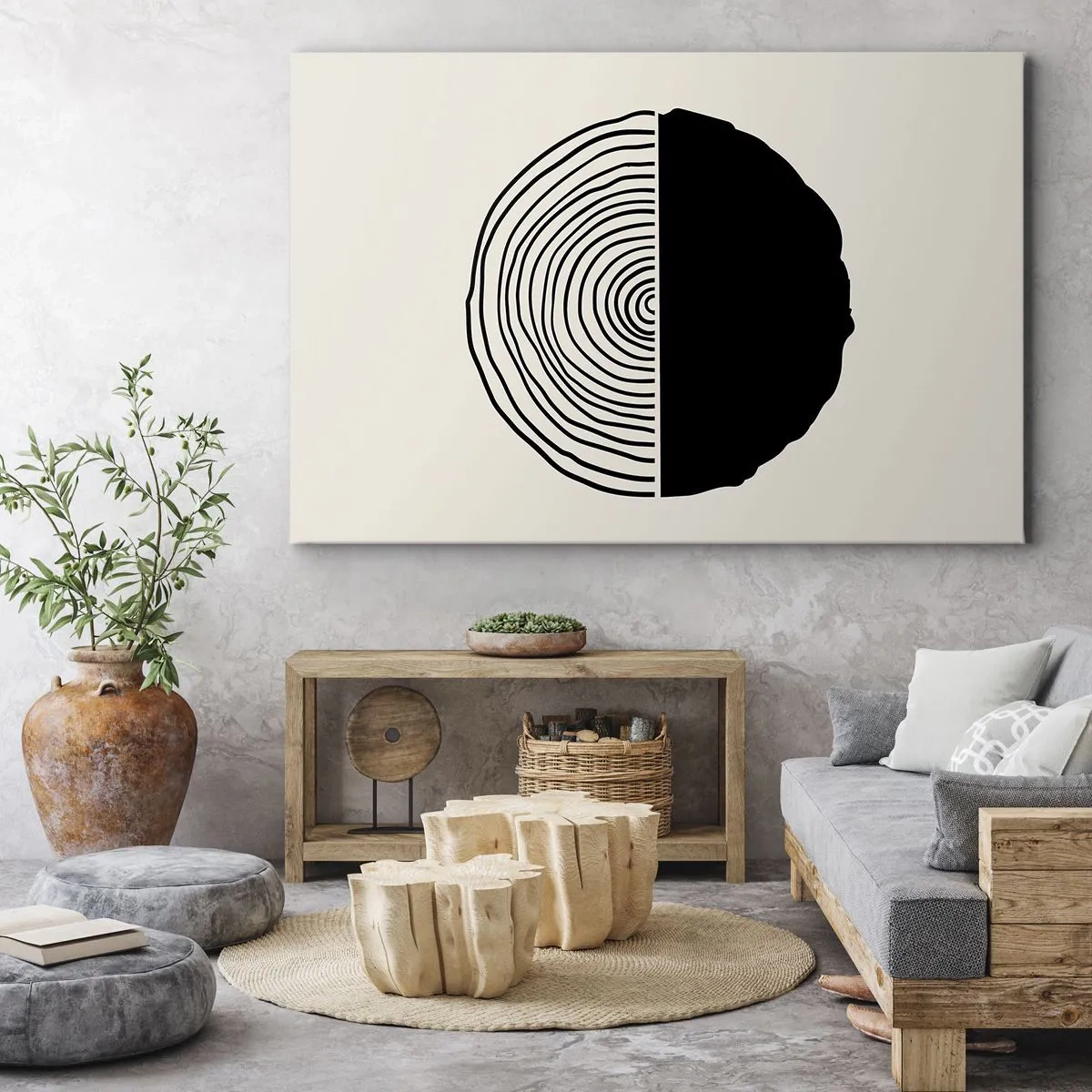 Obraz na płótnie - Abstrakcyjny czarno-biały motyw inspirowany przekrojem drewna z geometrycznym podziałem - 70x50cm - Pół na pół - Nowoczesna dekoracja ścienna do salonu i sypialni ARTTOR