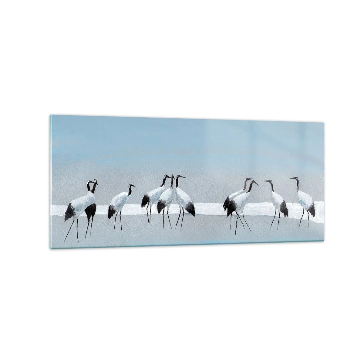 Obraz na szkle - Grupa żurawi na tle błękitnego nieba i wschodzącego słońca - 120x50cm - Po gorącym dniu - Nowoczesna dekoracja ścienna do salonu i sypialni ARTTOR