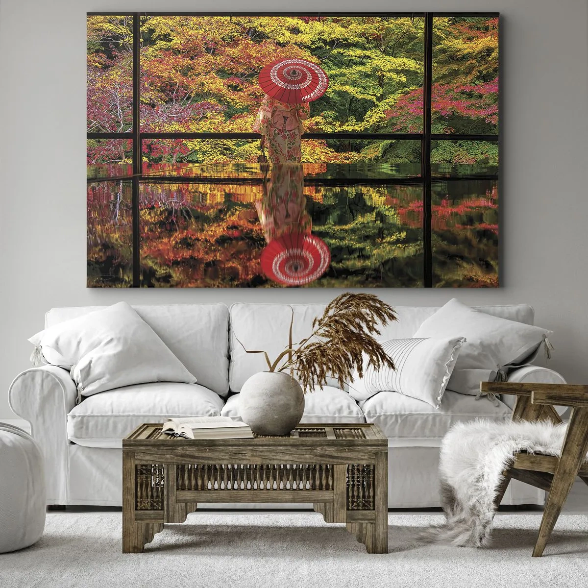 Obraz na płótnie - Kobieta w kimonie z parasolem na tle jesiennego krajobrazu - 70x50cm - W świątyni natury - Nowoczesna dekoracja ścienna do salonu i sypialni ARTTOR