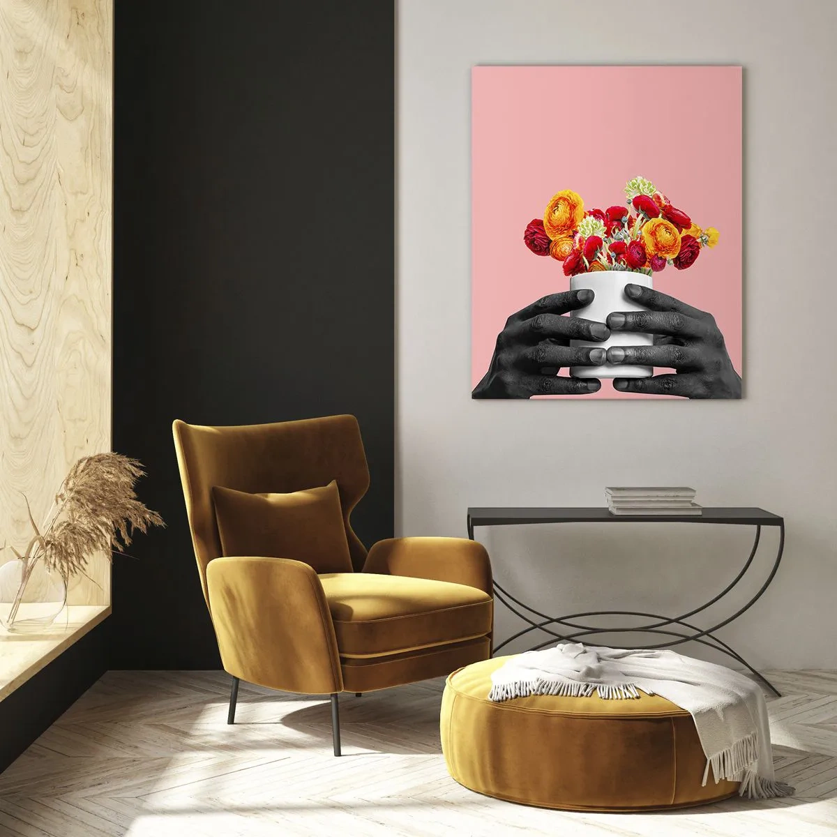 Obraz na szkle - Czarno-białe dłonie trzymające kolorowy bukiet kwiatów - 50x70cm - Apoteoza życia - Nowoczesna dekoracja ścienna do salonu, kuchni i sypialni ARTTOR