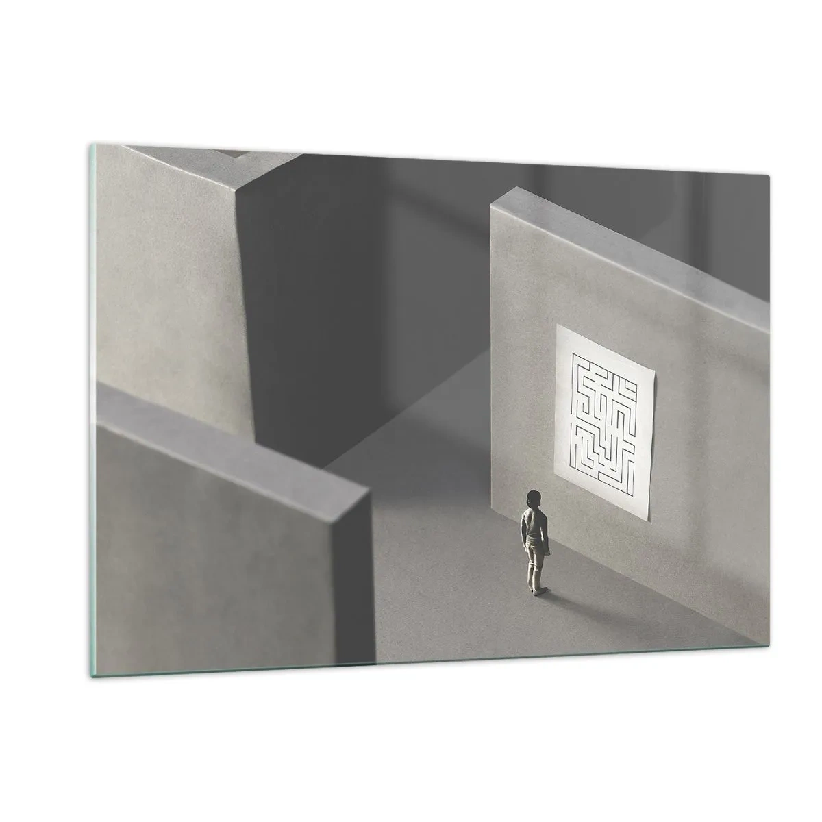 Obraz na szkle - Dziecko w labiryncie z symbolem zagadki - 120x80cm - Ale gdzie jestem? - Nowoczesna dekoracja ścienna do salonu, kuchni i sypialni ARTTOR