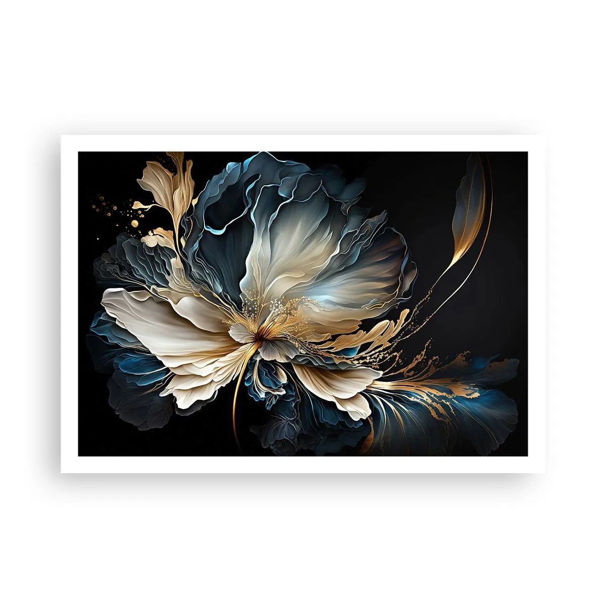 Plakat - Kwiat w odcieniach złota i granatu na czarnym tle - 100x70cm - Baśniowy kwiat paproci - Nowoczesna dekoracja ścienna do salonu i sypialni ARTTOR