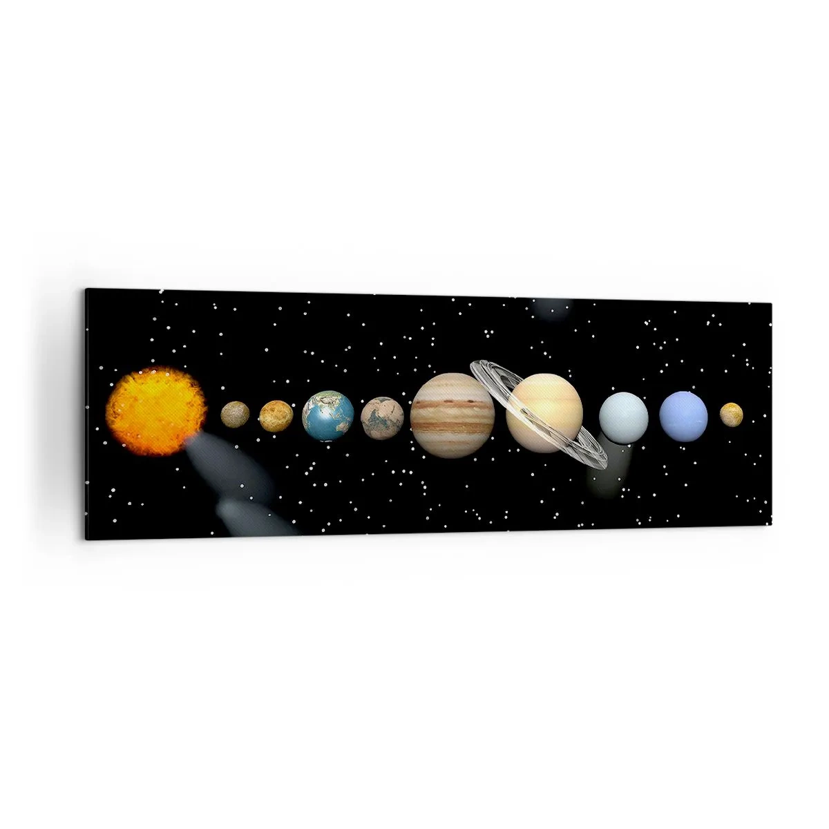 Obraz na płótnie - Układ słoneczny z planetami na tle gwiazd w kosmosie - 160x50cm - A planety szaleją, szaleją… - Nowoczesna dekoracja ścienna do salonu i sypialni ARTTOR