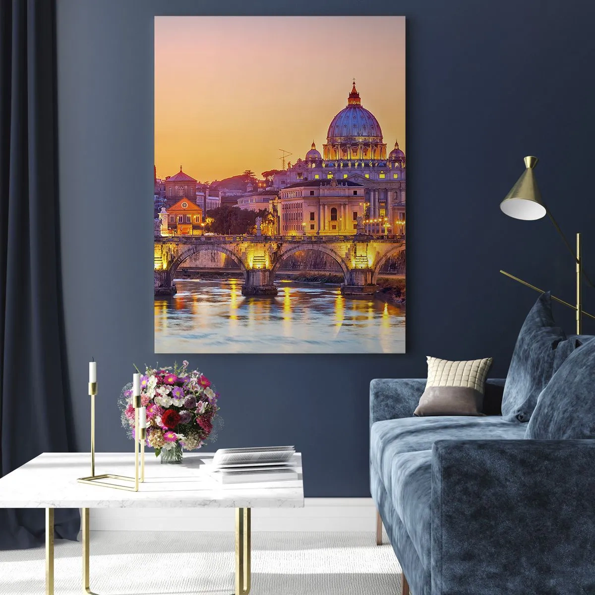 Obraz na szkle - Most i bazylika w Rzymie o zachodzie słońca - 50x70cm - Zmierzch nad Wiecznym Miastem - Nowoczesna dekoracja ścienna do salonu, kuchni i sypialni ARTTOR